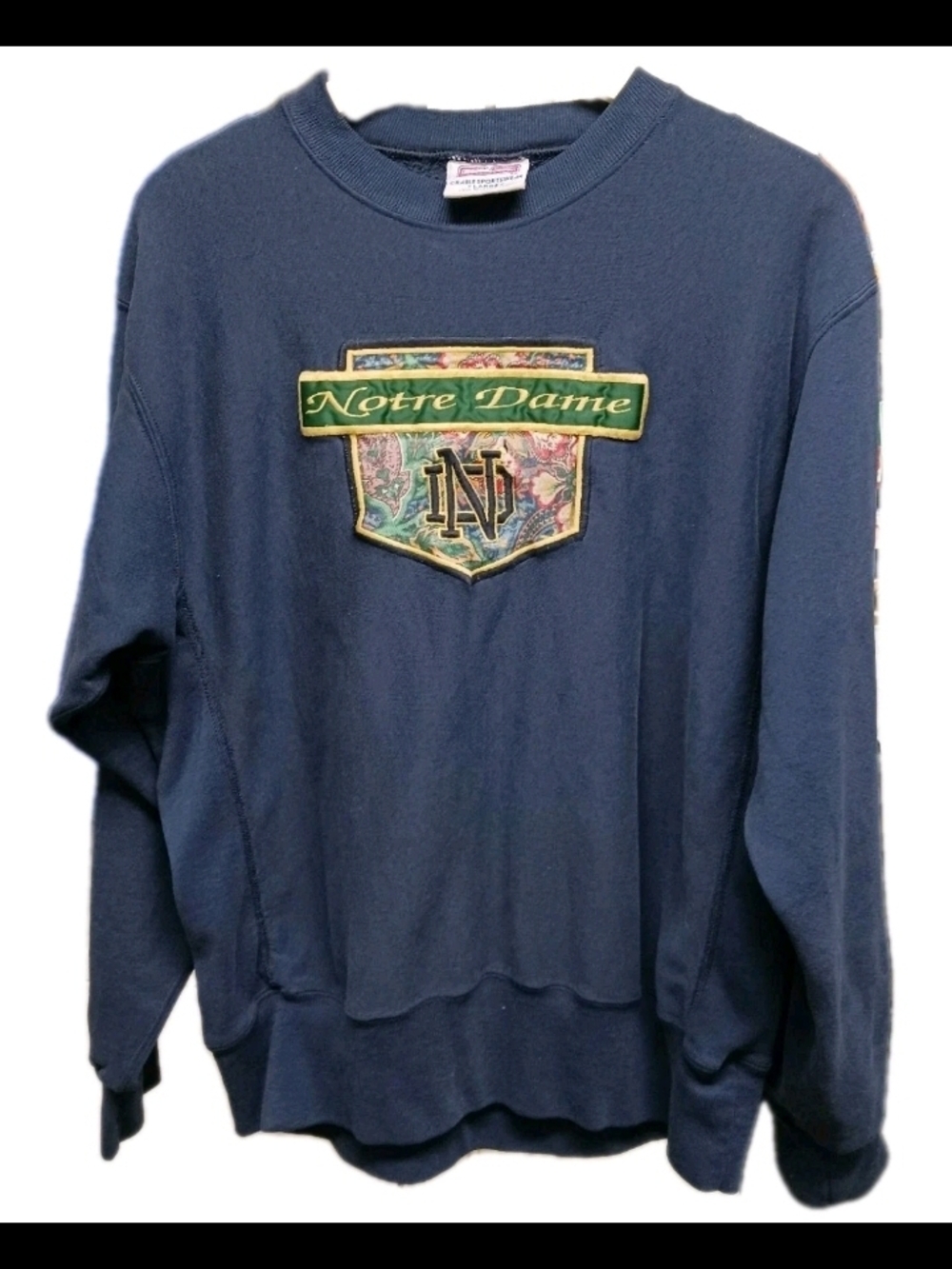 Vintage Notre Dame Sweatshirt L 90s Crable Sportswear Navy Blue Paisley One Flaw